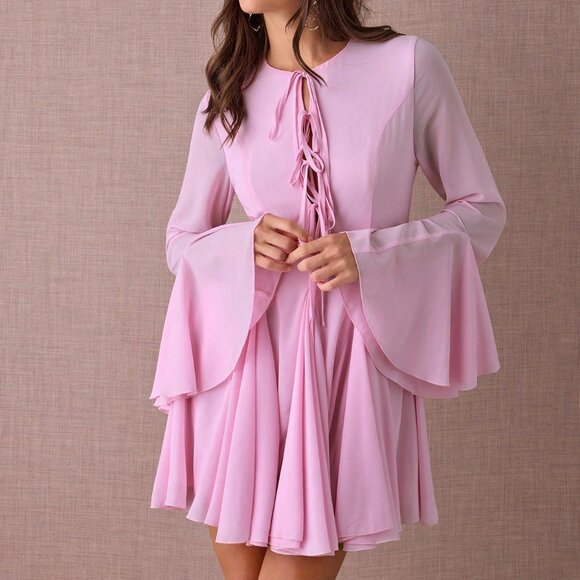 Pink Elegant Women's Romantic Flare Sleeve Mini Dress - Picture 6 of 7